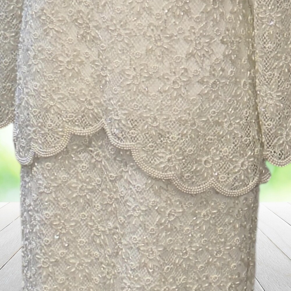 Vintage 80s LAURENCE KAZAR Hand Beaded Lace Maxi Sheath Gown White Size S Bridal - Picture 3 of 16
